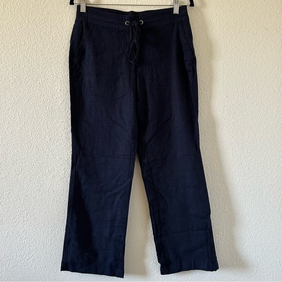 Per Se Navy Blue Lenin Straight Wide Leg Pant women Size Petite Small - Picture 1 of 8
